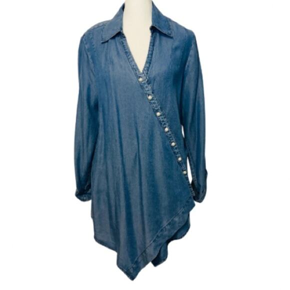 T&W Designs Tencel Lightweight Denim Cross Over Wrap Handkerchief Blouse Top - Picture 1 of 12